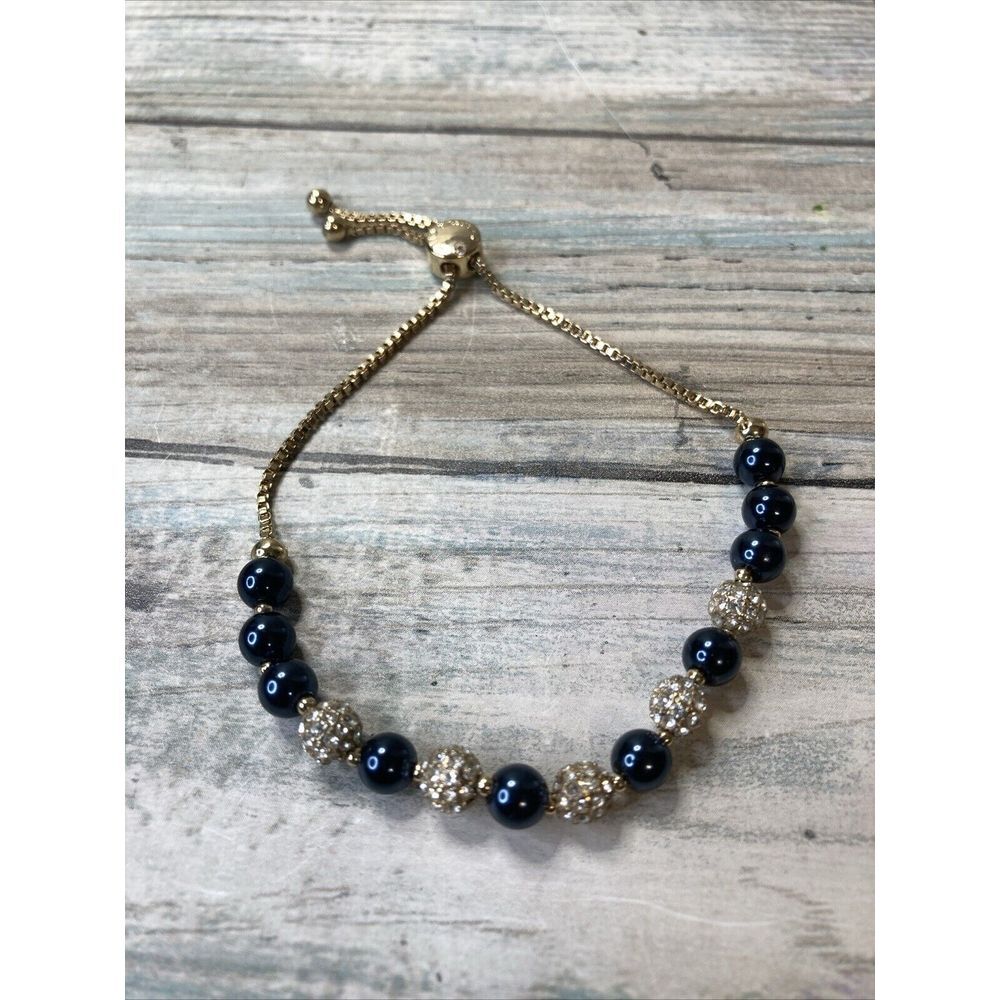 Charter Club Pave & Navy Blue Imitation Pearl Slider Bracelet Gold Tone Chain